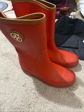 Tory Burch Red Rubber Rain Boots with Tan Trim and Logo